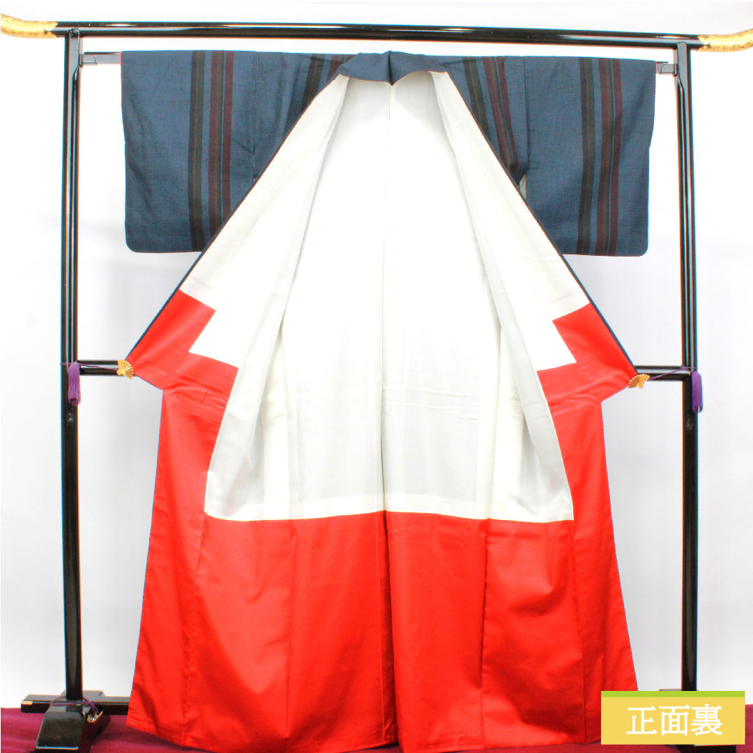 Tsumugi silk, length 168cm, sleeve length 64cm, hexagonal pattern, stripes, S rank, lined, navy blue, 1116003092518