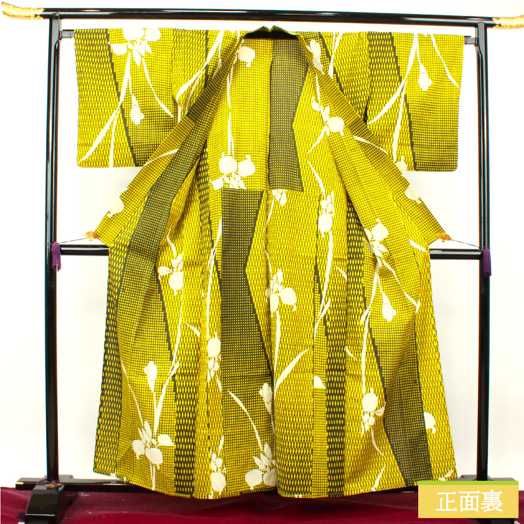 Yukata Cotton Length 160cm Sleeve length 67cm S rank Single layer Yellowish-colored Hiwairo Iris Geometric pattern 1118004792423