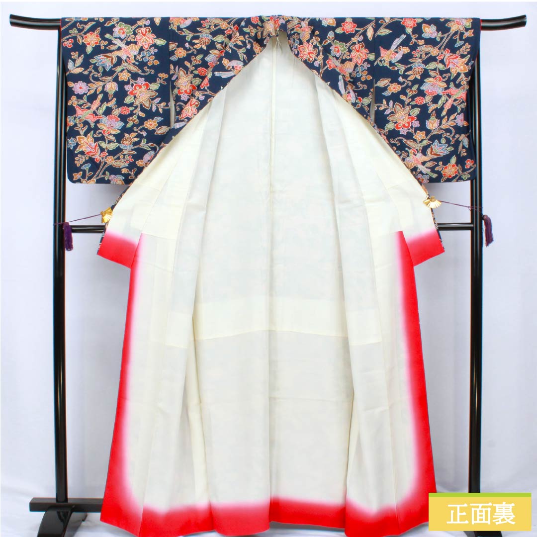 小紋 正絹 Sランク 身丈163cm 裄丈67cm 袷 紺色(こんいろ) 京紅型 草花 鳥 紺系 1115007092418