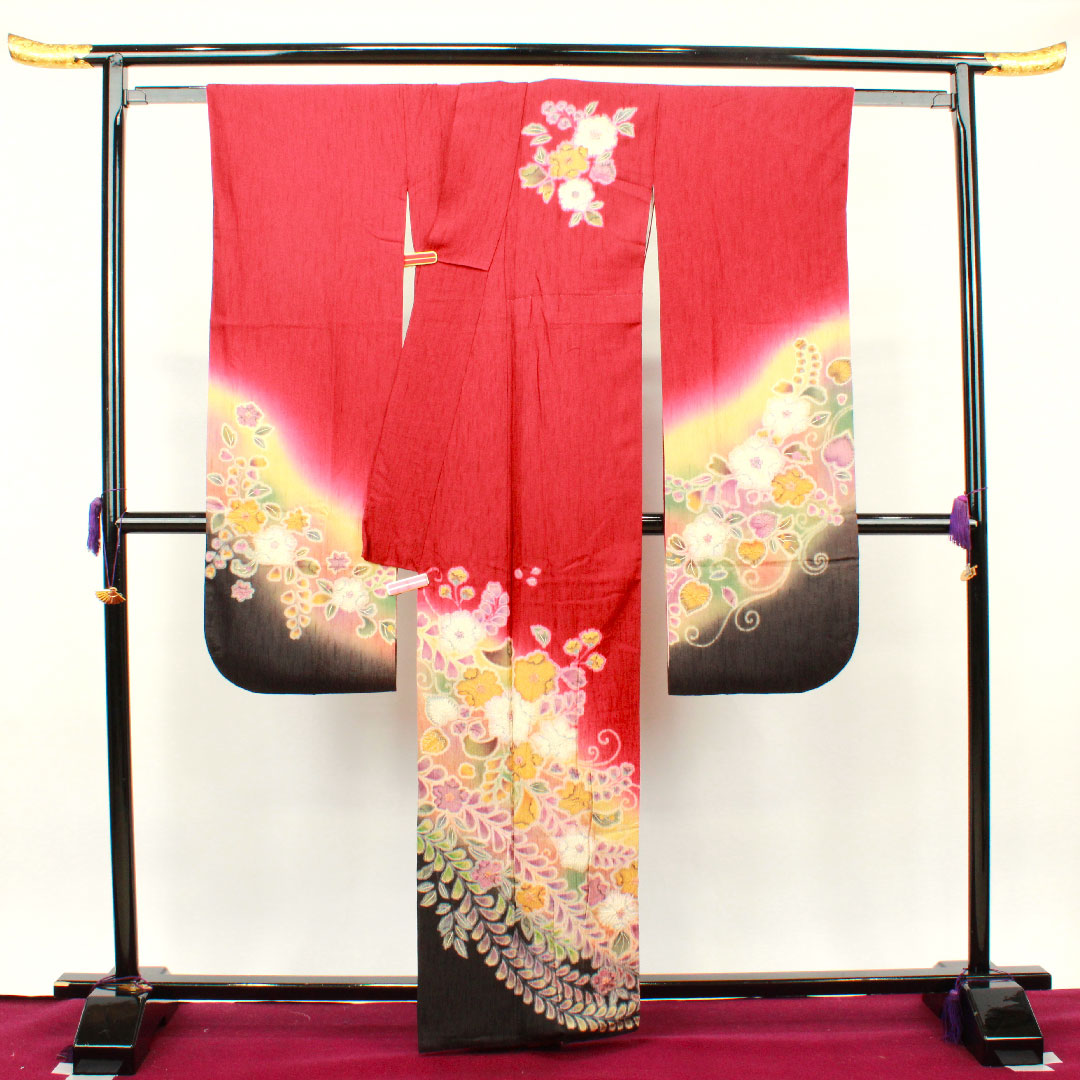 振袖 身丈160.5cm 裄丈63.5cm 袷 海老色 辻ヶ花 正絹 Aランク 赤系 1113001443412