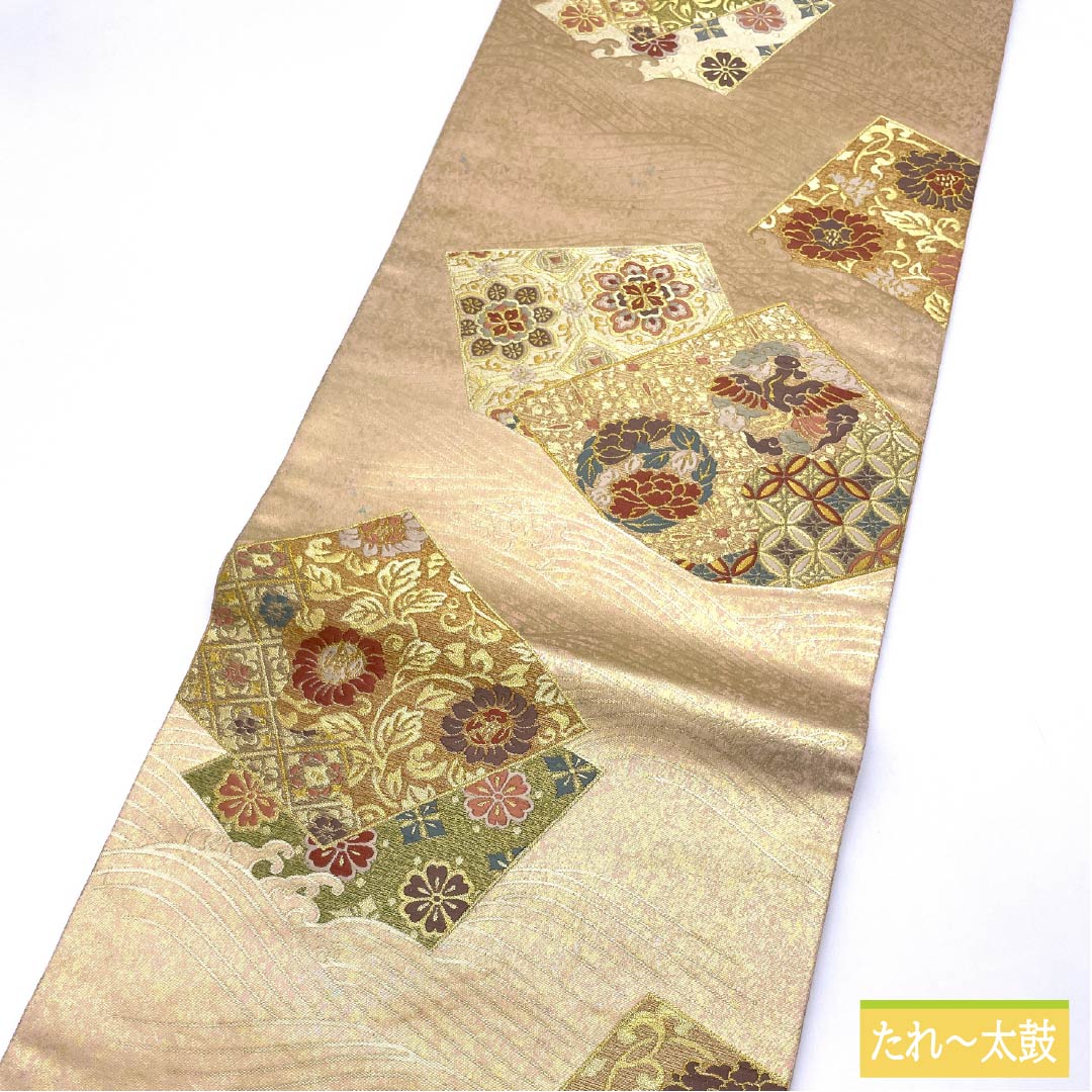 袋帯 正絹 乙女色(おとめいろ) 留袖用 扇面 七宝 宝相華 帯丈442cm Sランク 六通 フォーマル ピンク系 1123013372313