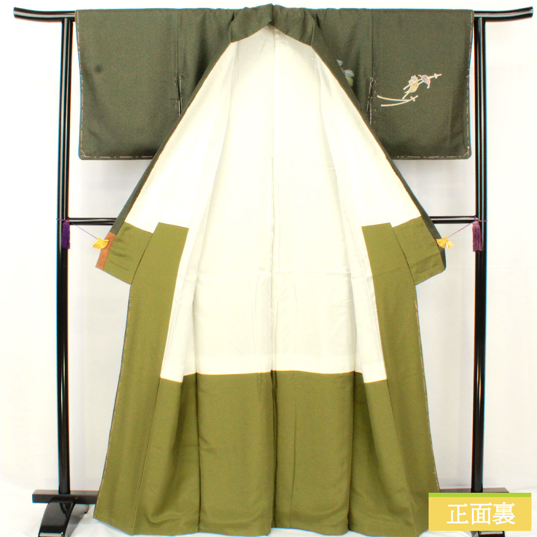 Homongi (formal kimono) made of polyester, lined, length 165cm, sleeve length 63cm, indigo sea pine brown, washable kimono, Matsuba, A rank, green, 1112005843519