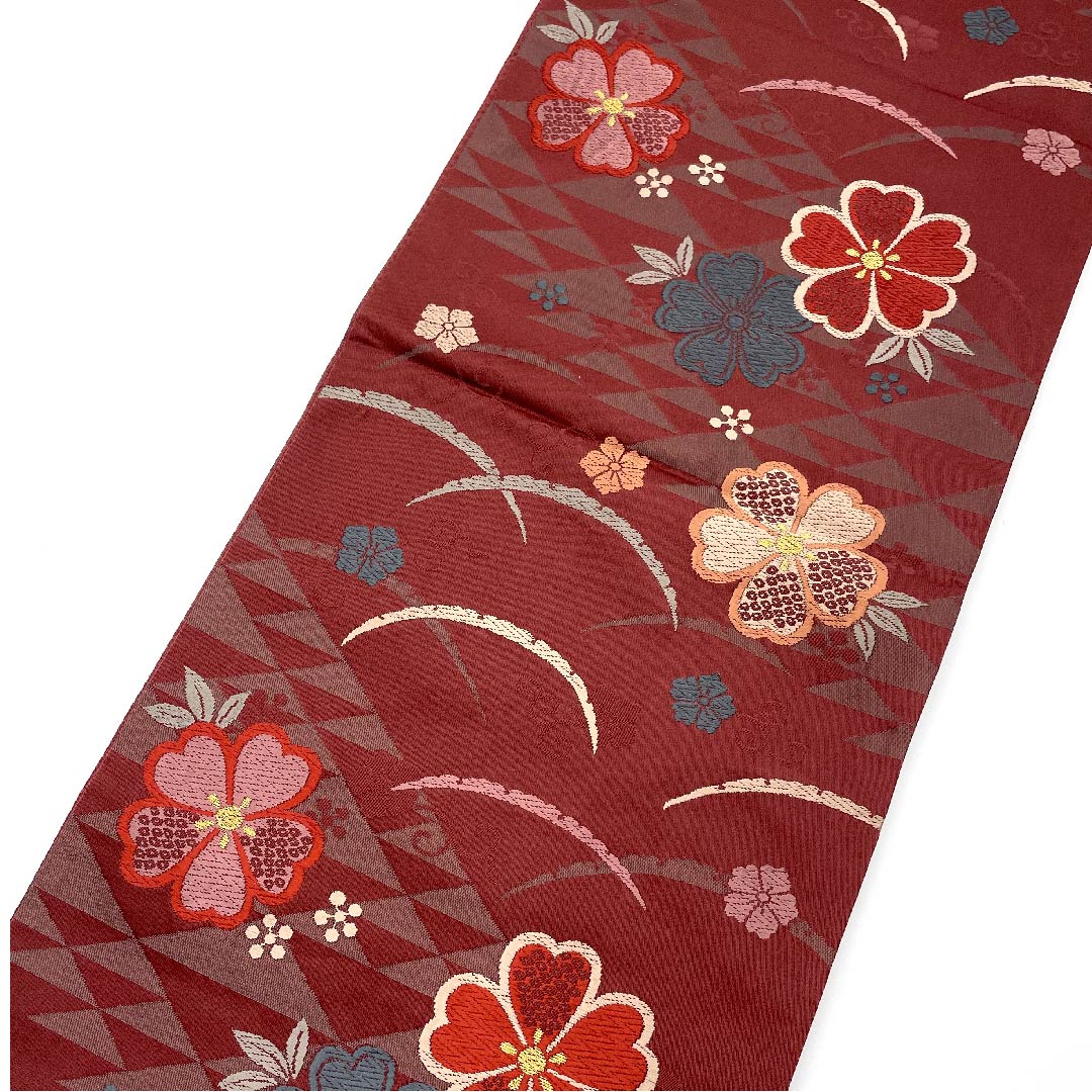 名古屋帯 京袋帯 深緋色 芝草 桜 鱗 唐草 帯丈381cm ポリ Sランク 六通 セミフォーマル 朱系 1124003322316 開き仕立て