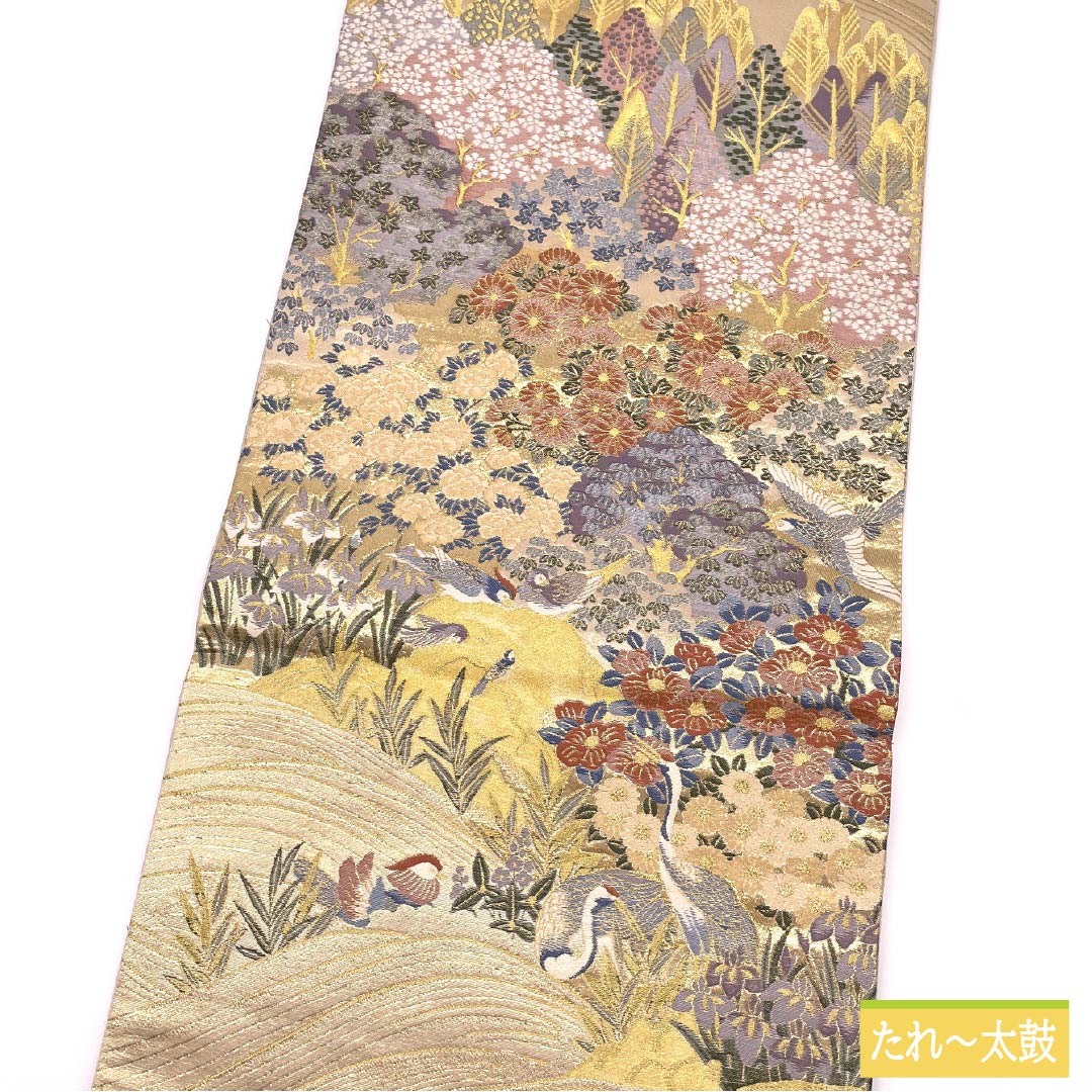 Fukuro Obi, pure silk, gold color, crane, phoenix, mandarin ducks, landscape, obi length 432cm, S rank, six-way, formal, gold-based, 1123012062321