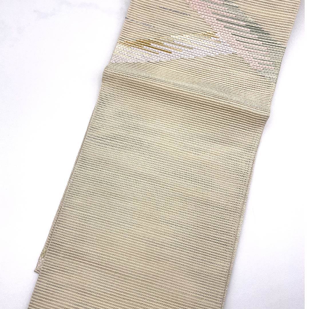 (新品未使用品)袋帯 夏帯 生成り色(きなりいろ) 幾何学模様 夏物 帯丈454cm 正絹 NEWランク ポイント柄 セミフォーマル ベージュ系 1123008481425