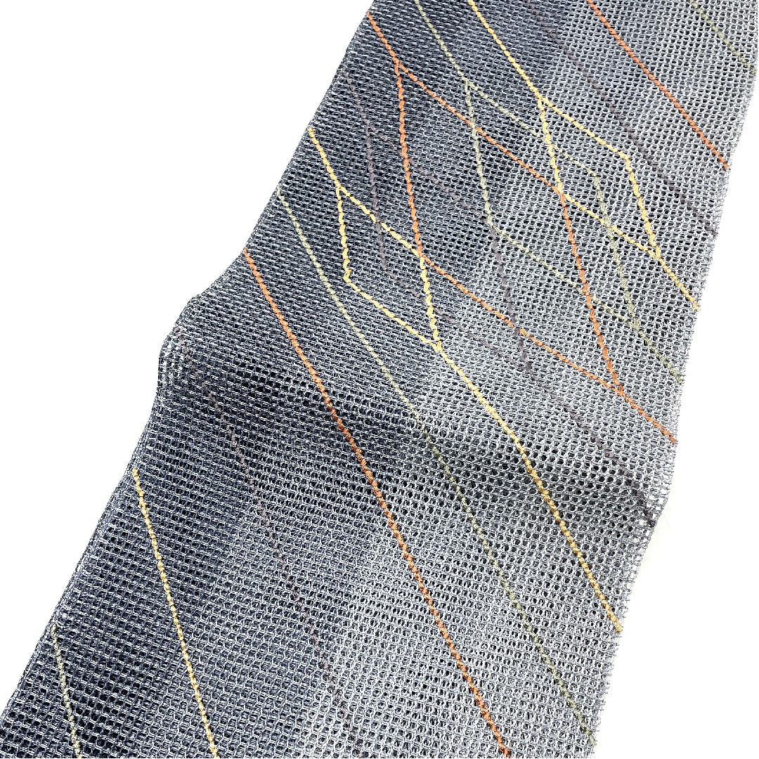 Nagoya obi with line drawing pattern, obi length 368cm, pure silk, S rank, six-pass, casual, gray, 1124001322322, open tailoring