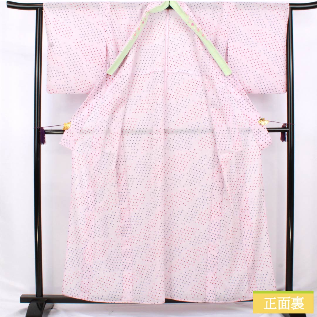 Summer kimono, polyester, small pattern, length 158cm, sleeve length 64cm, white plum blossom color (shiraumeiro), polka dot pattern, embroidered, washable, gauze, S rank, pink, product number 1132002562313
