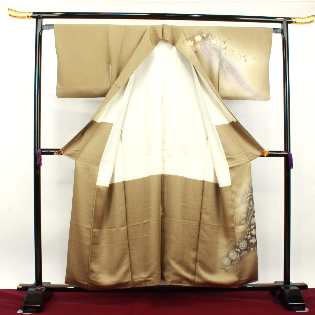 Homongi, pure silk, lined, length 154cm, sleeve length 64cm, sand color, Tsujigahana, thin rings and quince, S rank, beige, 1112003102225