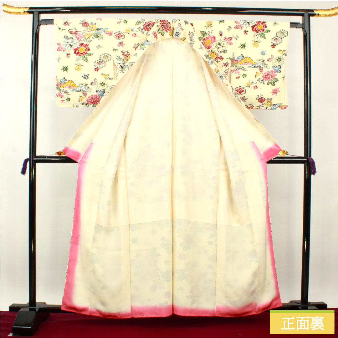 Komon, pure silk, length 160.5cm, sleeve length 63cm, lined, milky white, Kyoto Bingata, auspicious motif, A rank, cream color, 1115004063415