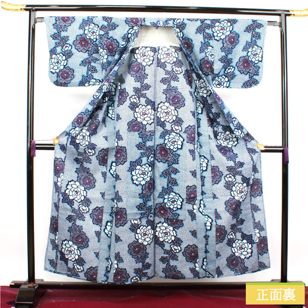 Yukata Cotton Length 156cm Sleeve length 65.5cm S rank Single layer Navy Deep navy Ripple Peony 1118004642318