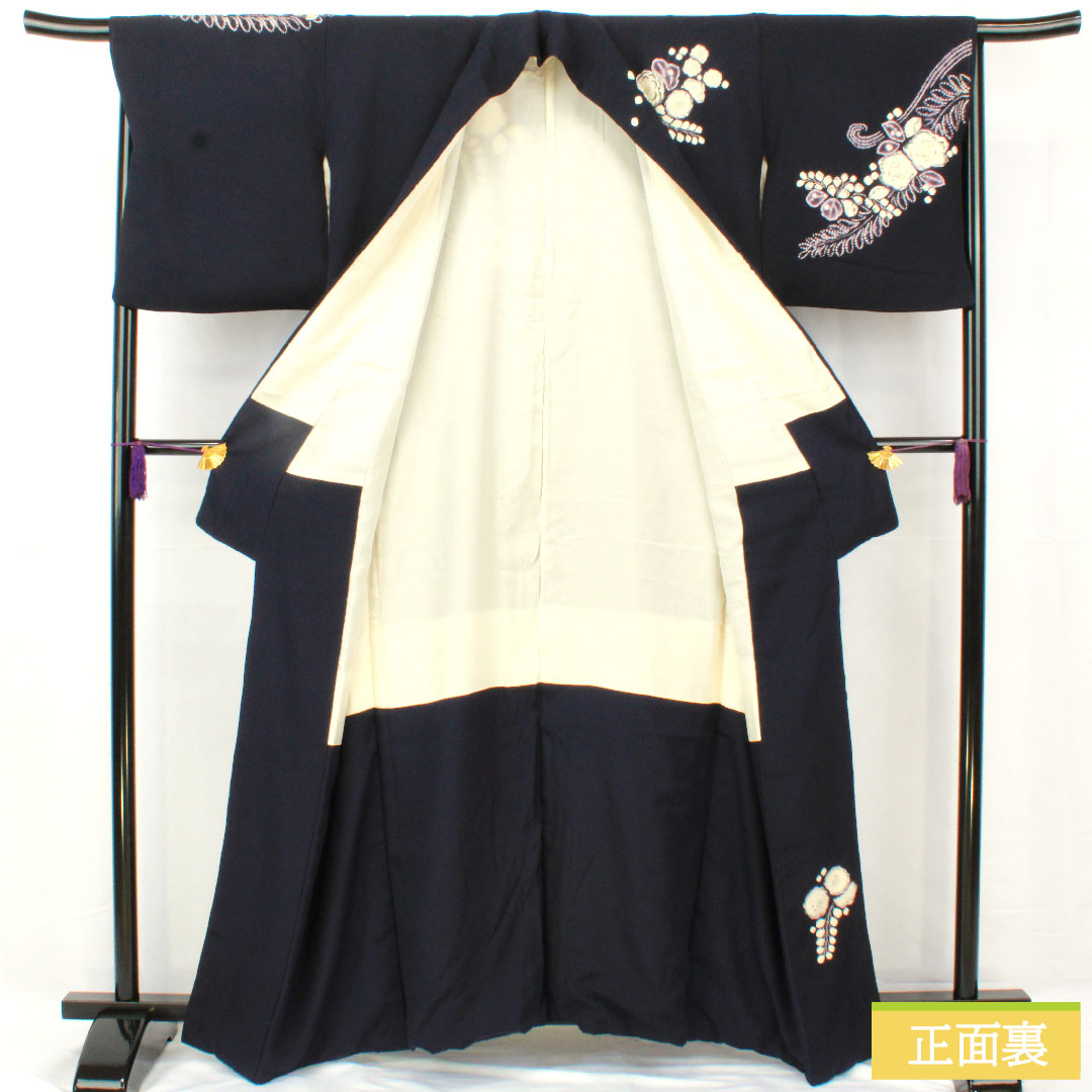 Homongi, pure silk, lined, length 158cm, sleeve length 67cm, blue-brown, Tsujigahana, partially dyed, A rank, navy blue, 1112005163318