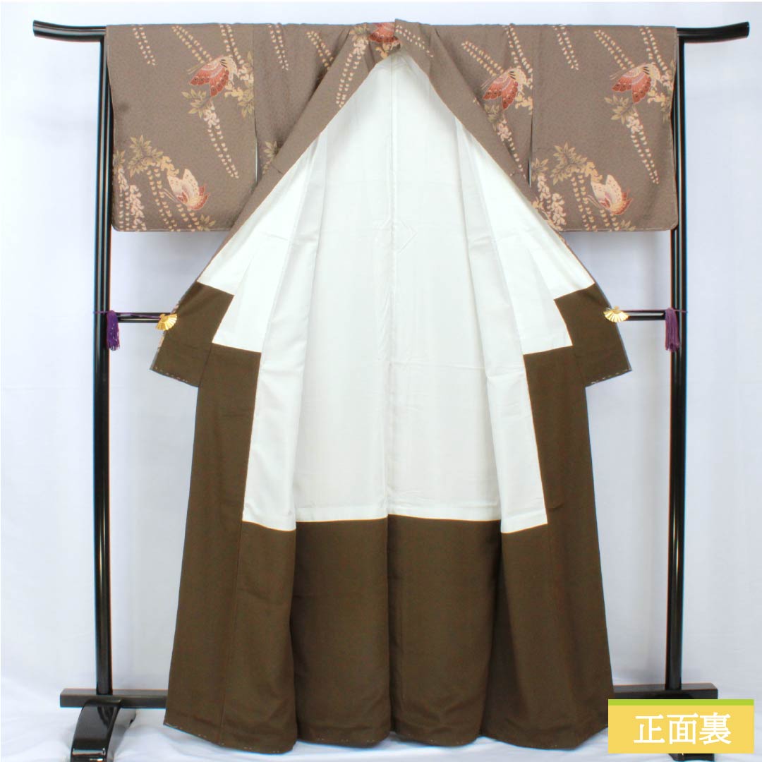 小紋 ポリエステル 身丈163.5cm 裄丈66cm 袷 消炭色(けしずみいろ) 藤 蝶 しつけ糸付き Sランク グレー系 1115005592422