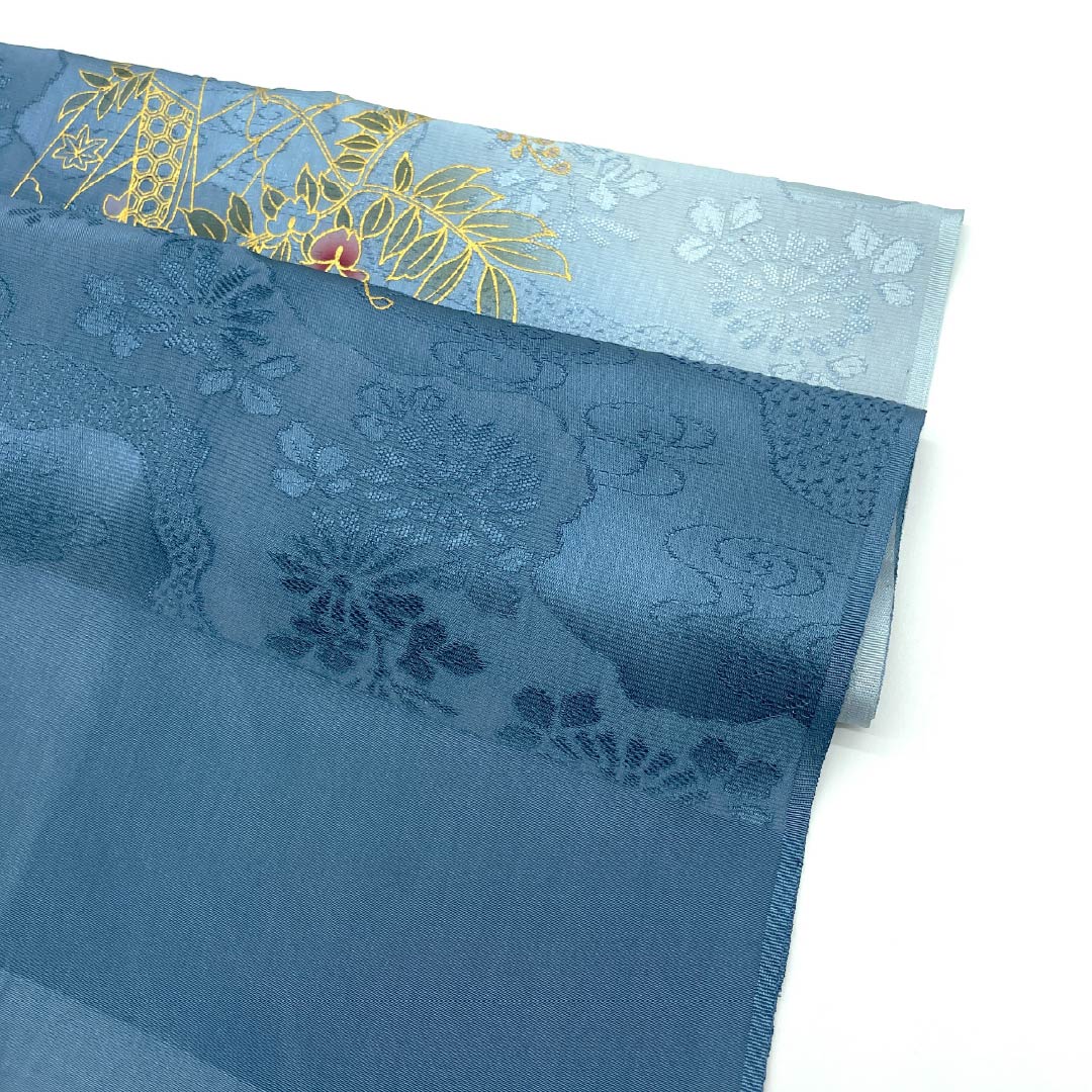 帯揚げ 正絹 Bランク セミフォーマル 熨斗目花色(のしめはないろ) 道長取り 短冊 藤 長さ約185cm 幅約29.5cm 青系 1136004594917