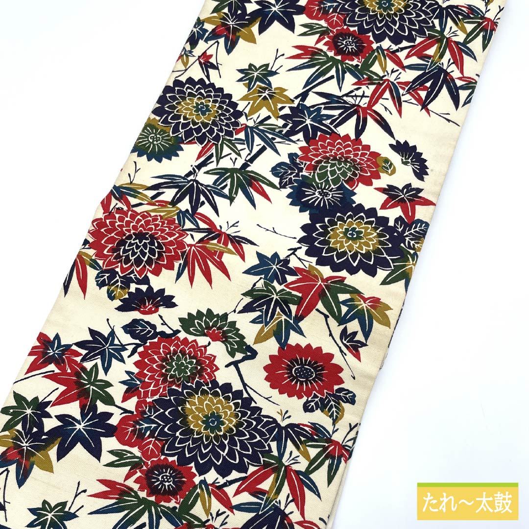 Nagoya obi, natural color (kinari-iro), stencil-dyed, chrysanthemum, autumn leaves, obi length 352cm, cotton, S rank, full length, casual, cream color, 1124008062315, Nagoya style