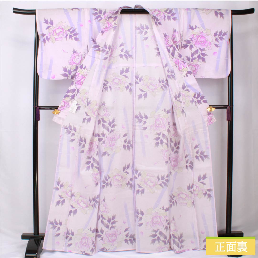 Cotton Yukata, Length 166cm, Sleeve Length 67.5cm, A-Rank, Single-Layer, Purple with Light Wisteria (Usu-Fujiiro), Peony and Bamboo Design, Product Number: 1118006053520