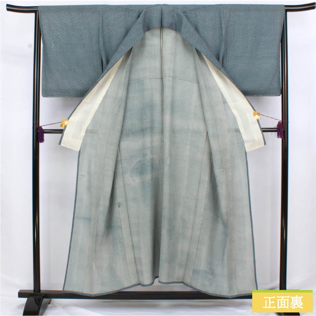 夏物 正絹 小紋 身丈152.5cm 裄丈65.5cm 藍鉄色(あいてついろ) 江戸小紋 型染 抽象模様 絽 Bランク 青系 1132002774217