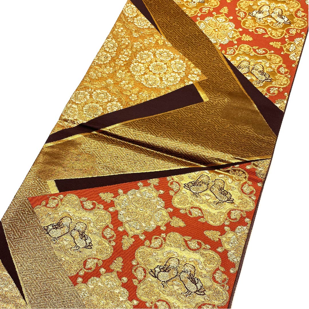 袋帯 金色 鴛鴦 宝相華 帯丈430cm 正絹 Sランク 六通 フォーマル 金系 1123003192321