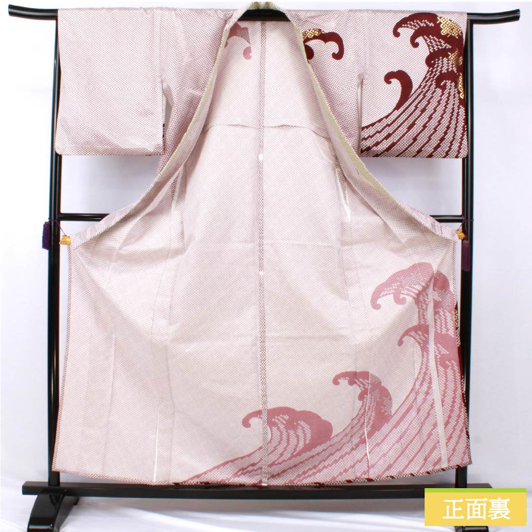Homongi (visiting kimono), polyester, grade A, single layer, length 162cm, sleeve length 66.5cm, mokuranjiki (mokuran-jiki) pattern with wave design, shippo (cloisonne) pattern, with half-collar, washable, red, product number 1112006963412