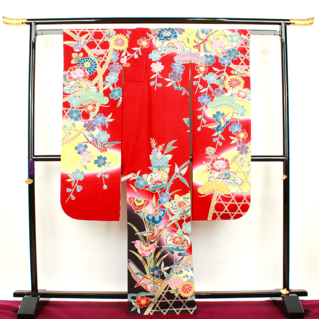 振袖 身丈168cm 裄丈68.5cm 袷 生臙脂色 京紅型 作家物 正絹 Sランク 赤系 1113001222512