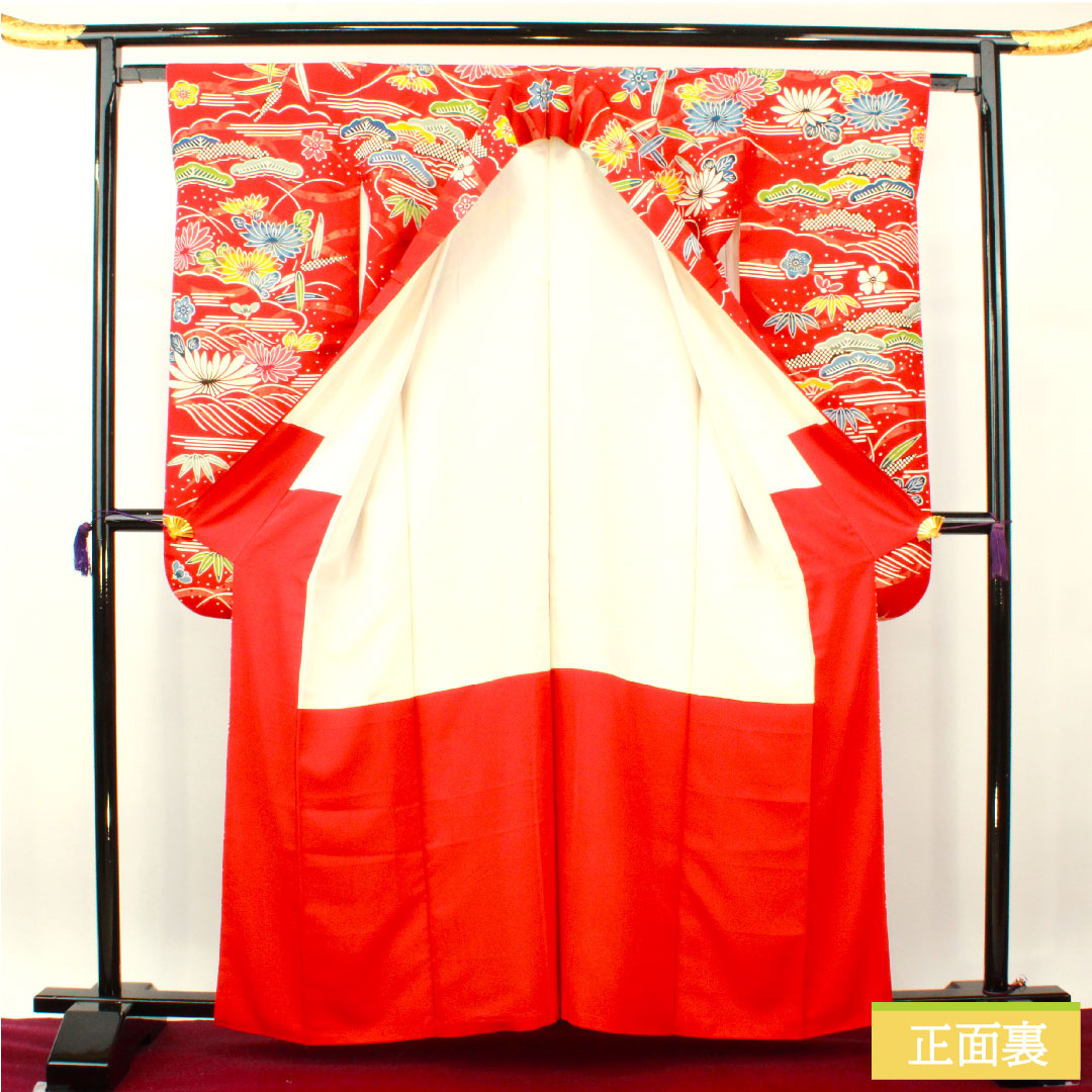振袖 正絹 身丈160cm 裄丈62.5cm 袷 土耳古赤色(とるこあかいろ) 金通し 露芝 草花模様 Aランク 赤系 1113002043412