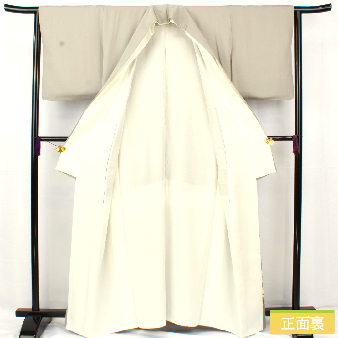 Colored Tomesode, pure silk, length 161cm, sleeve length 63cm, lined, light gray, Kyoto Yuzen, wave, sailboat, one crest, five-three paulownia, Queen pearl finish, A rank, gray, 1111001433422