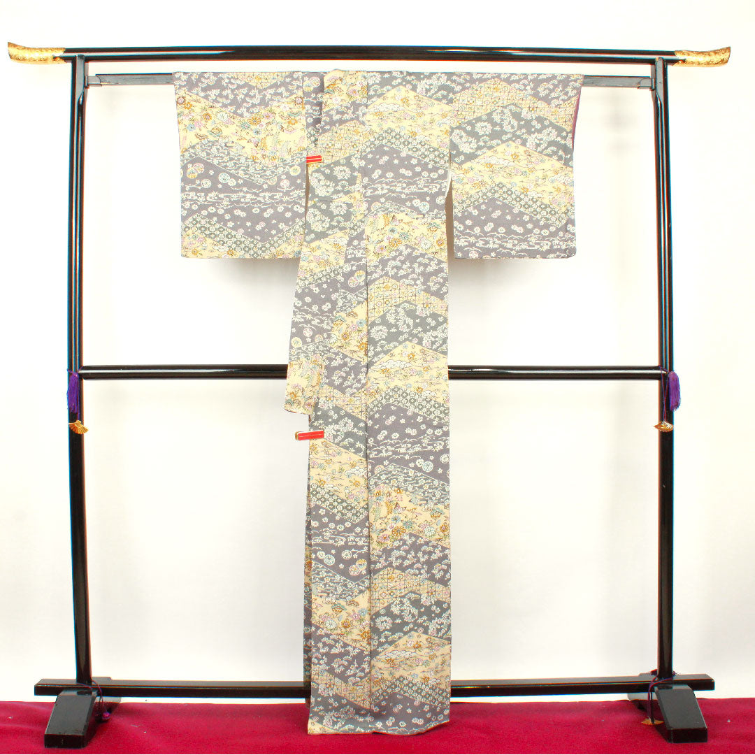 小紋 身丈160.5cm 裄丈62cm 袷 燻銀色 麴色 京紅型 正絹 Aランク グレー系 1115002453422