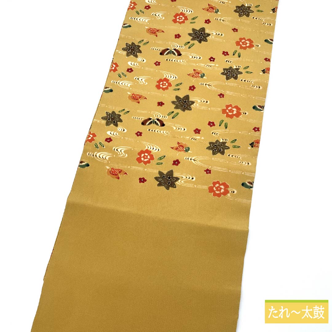 名古屋帯 土布色(トウプースーいろ) 京紅型 蝶 紅葉 帯丈352cm 正絹 Aランク 六通 カジュアル 黄系 1124006563323 名古屋仕立て