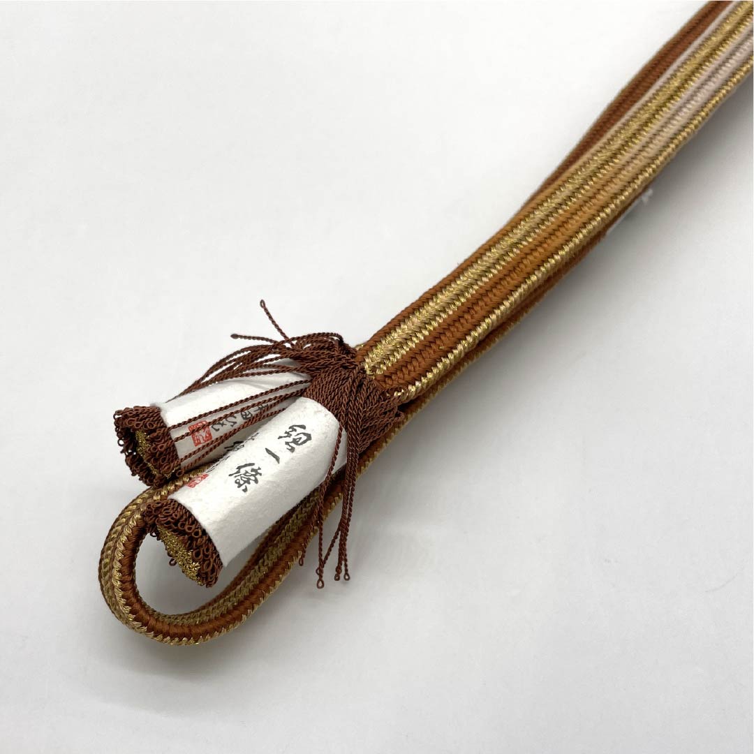 (Brand New) Pure Silk Obi-jime (Sash Band) in Birch Color (Kabairo) by Hirata Braided Cord, Kainokuchi Striped Yugen Dye, with Twisted Tassel, Approximately 161cm Long, Approximately 1.5cm Wide, Semi-Formal, Brown, Product Number: 1135005111314