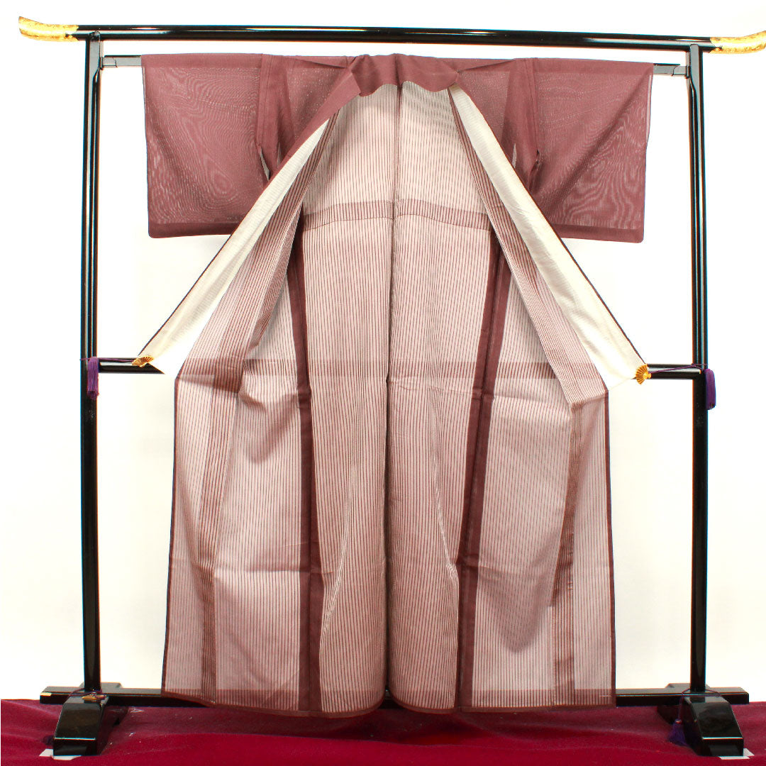夏物 正絹 色無地 身丈160cm 裄丈60cm 紫土色(しどいろ) 竪絽(たてろ) 絽 Aランク 紫系 1132001093420