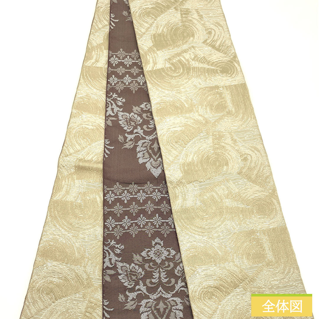 (New) Half-width obi, polyester, NEW rank, Shirotsurubami-iro (light oak color), geometric pattern, circles, abstract floral pattern, reversible, obi length 400cm, beige tones, 1125002621425