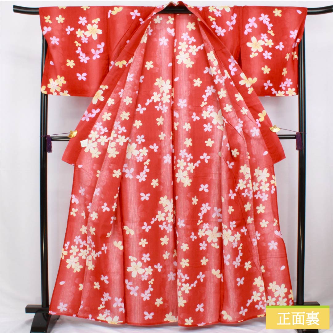 Cotton Yukata, Length 162cm, Sleeve Length 67.5cm, S Rank, Single Layer, Vermilion, Cinnabar, Cherry Blossom Design, 1118006512416