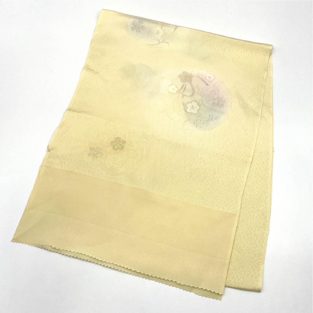 帯揚げ 正絹 Sランク セミフォーマル 薄卵色(うすたまごいろ) 花丸文 梅 長さ約178cm 幅約31cm 黄系 1136002732923