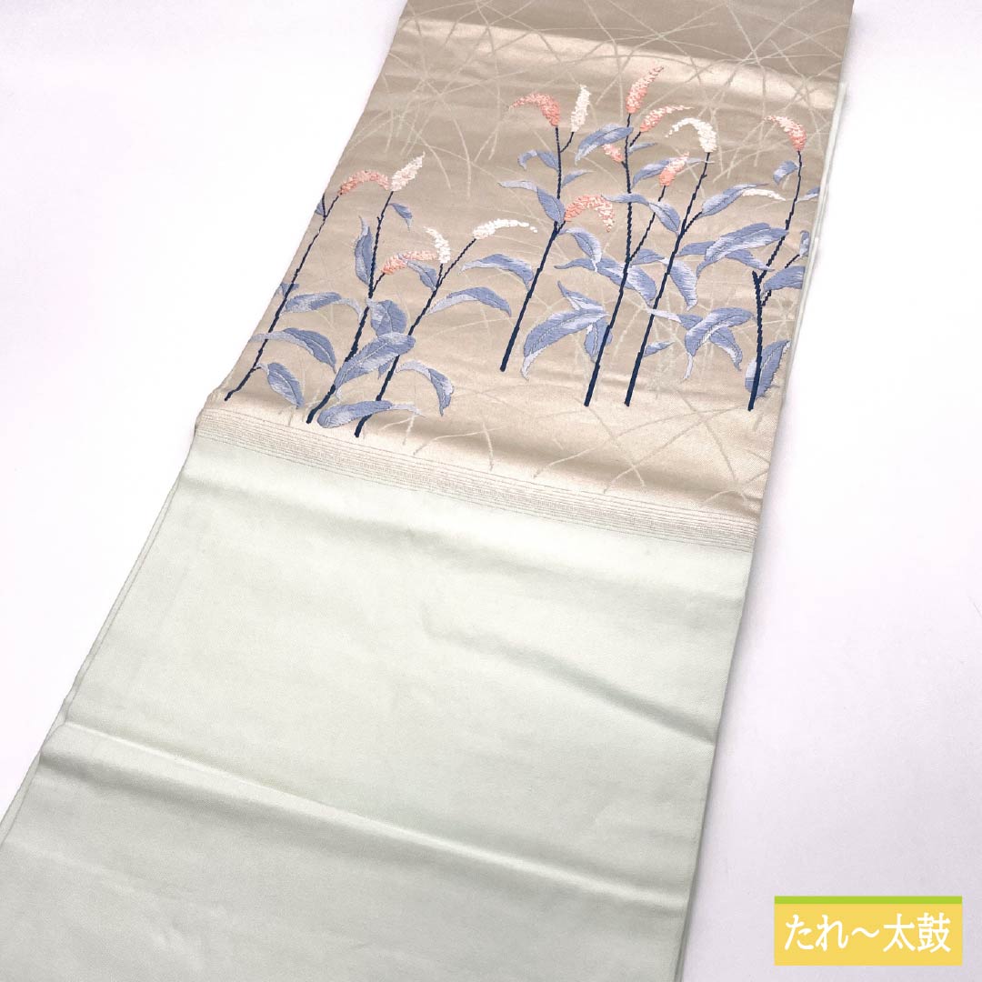 名古屋帯 卯の花色(うのはないろ) 唐織 花模様 帯丈359cm 正絹 Aランク ポイント柄 カジュアル 水色系 1124007423324 名古屋仕立て