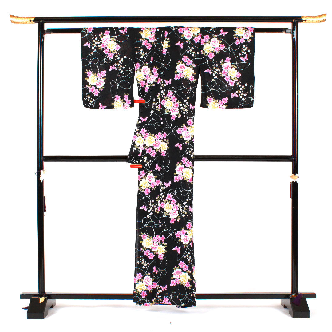 浴衣 花模様 木綿 Sランク 単衣 身丈161cm 裄丈60cm 黒系 1118000932410