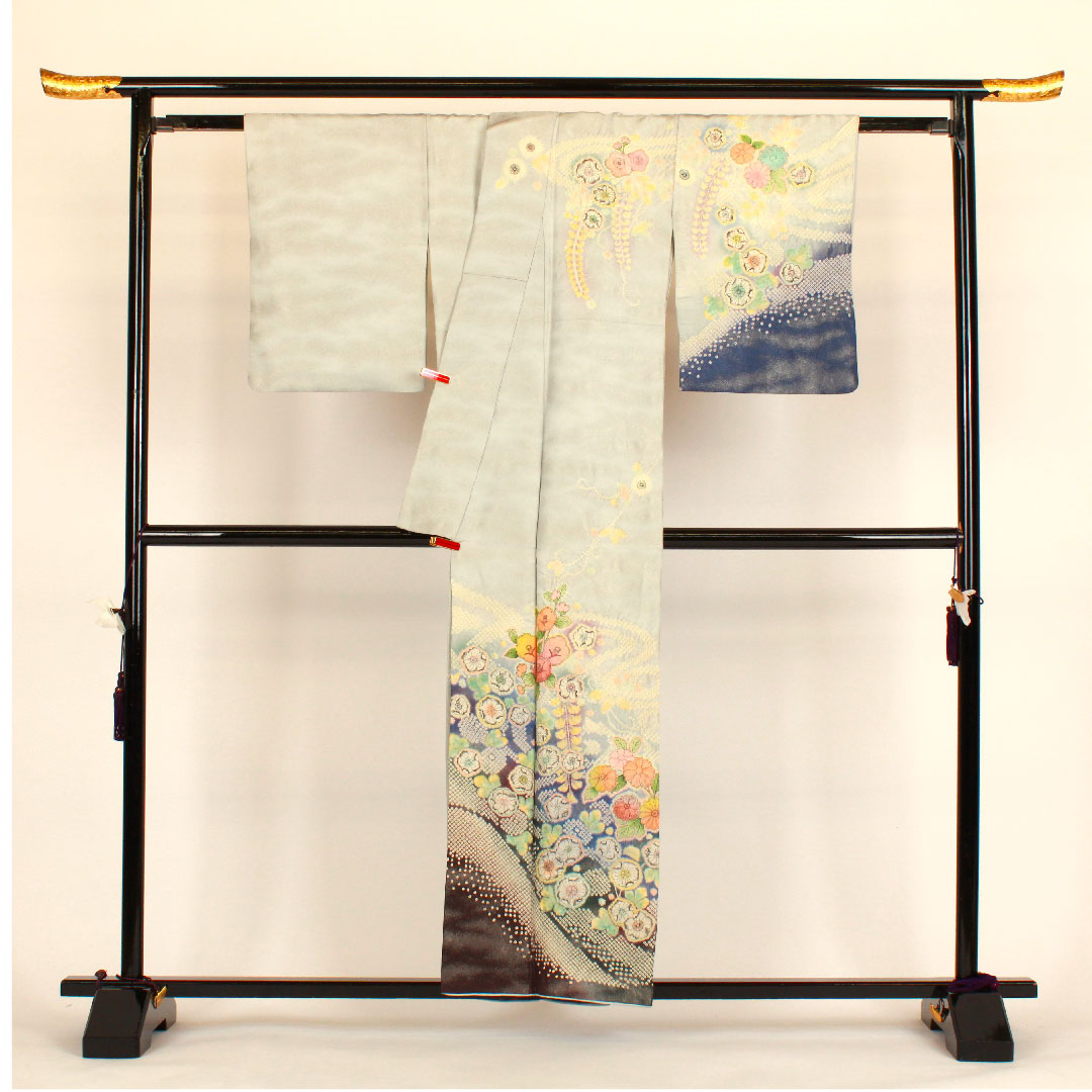 Homongi, lined, length 159cm, sleeve length 66cm, Tsujigahana, silver thread, artist's work, pure silk, S rank, gray, 1112000532322