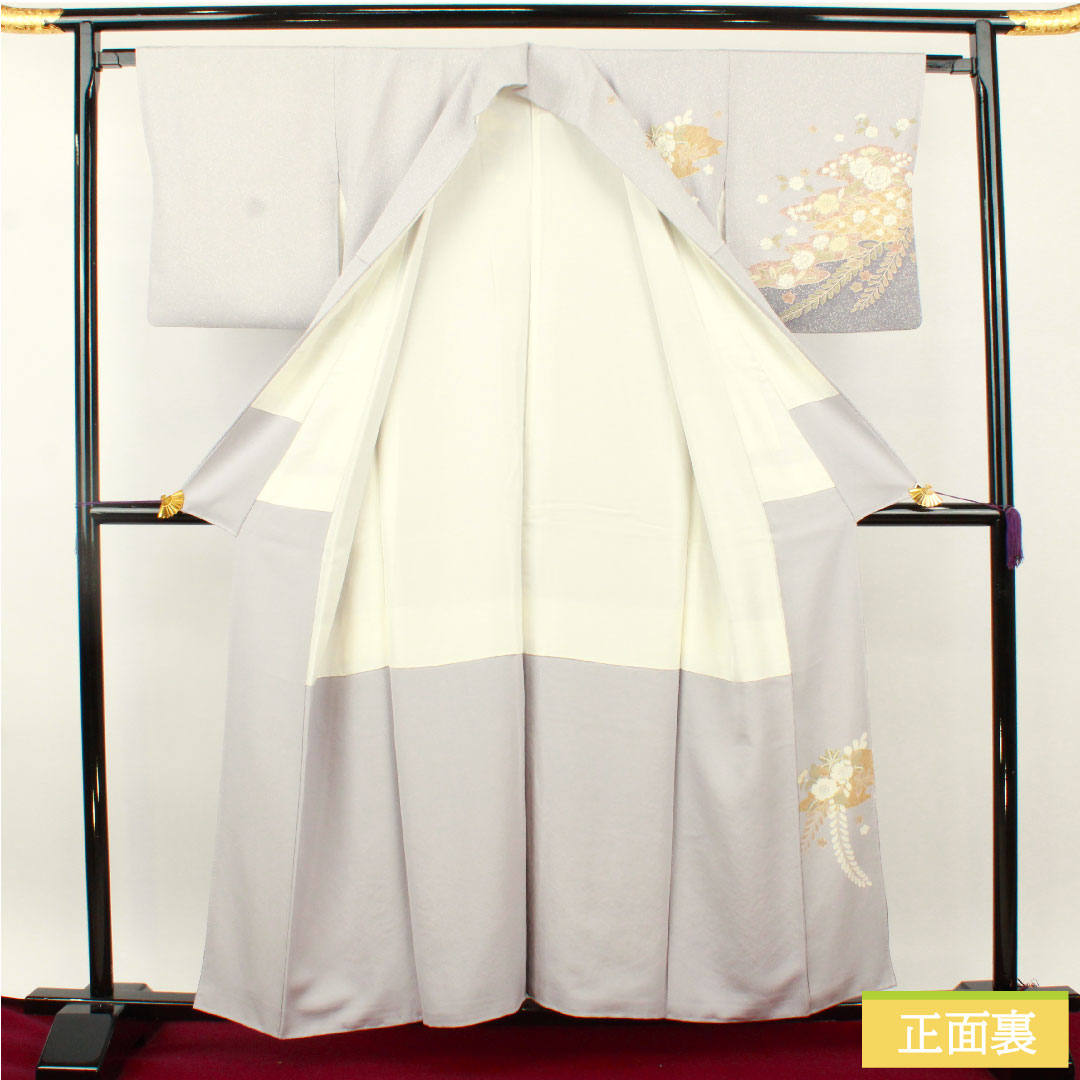 Homongi, pure silk, lined, length 156.5cm, sleeve length 63.5cm, snow color, Tsujigahana, artist's work, A rank, gray, 1112004893322