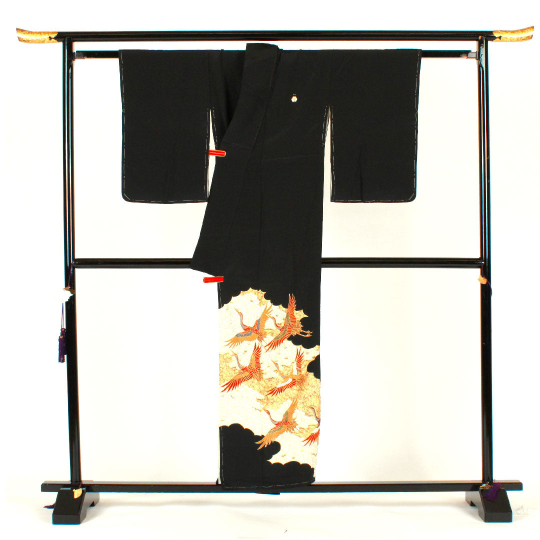 Black Tomesode, Length 155.5cm, Sleeve Length 61.5cm, Awase, Kyo-Yuzen, Crane, Katabami, Pure Silk, B Rank, Five Crests, Black, 1111000344310