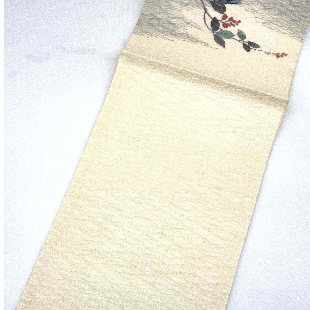 Fukuro Obi (sash) in off-white, summer obi with floral pattern, summer wear, obi length 442cm, pure silk, A rank, point pattern, casual, cream color, 1123007753315