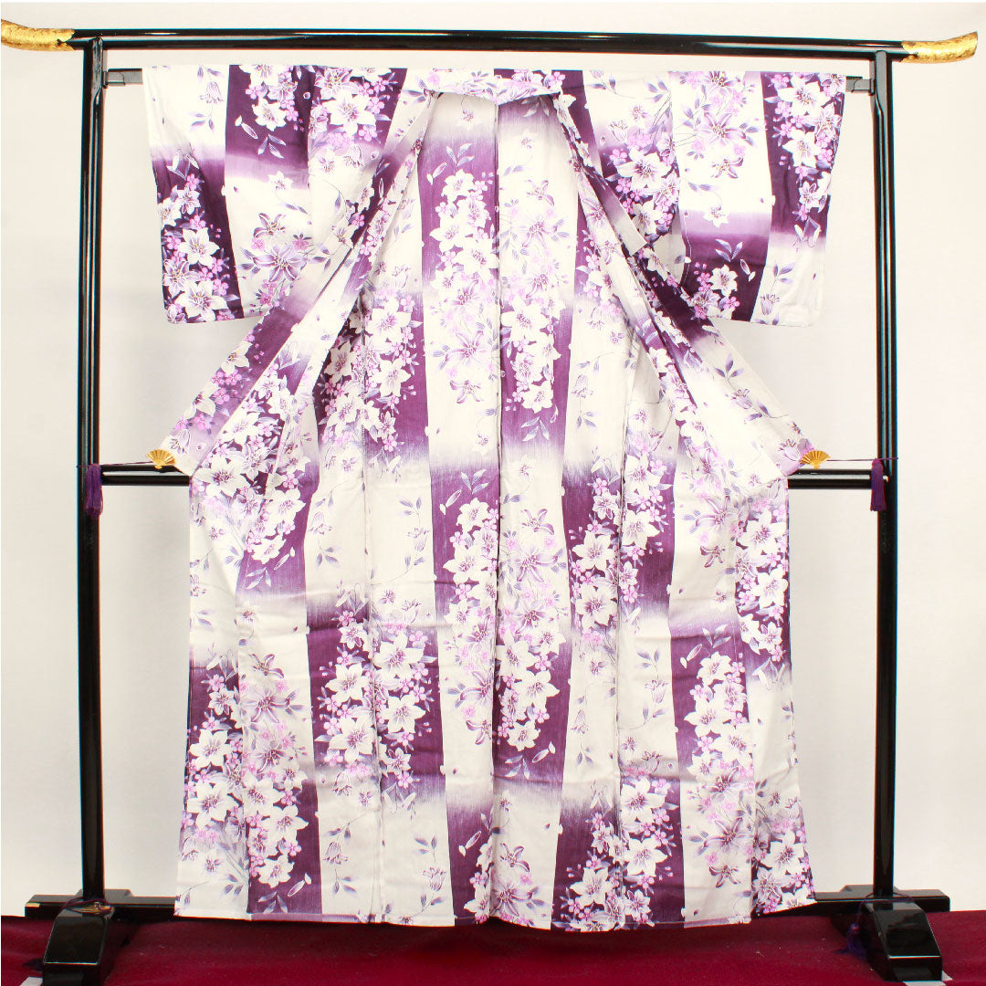 Yukata Checkered Floral Pattern Cotton S Rank Single Layer Length 162cm Sleeve Length 66.5cm White 1118001532411