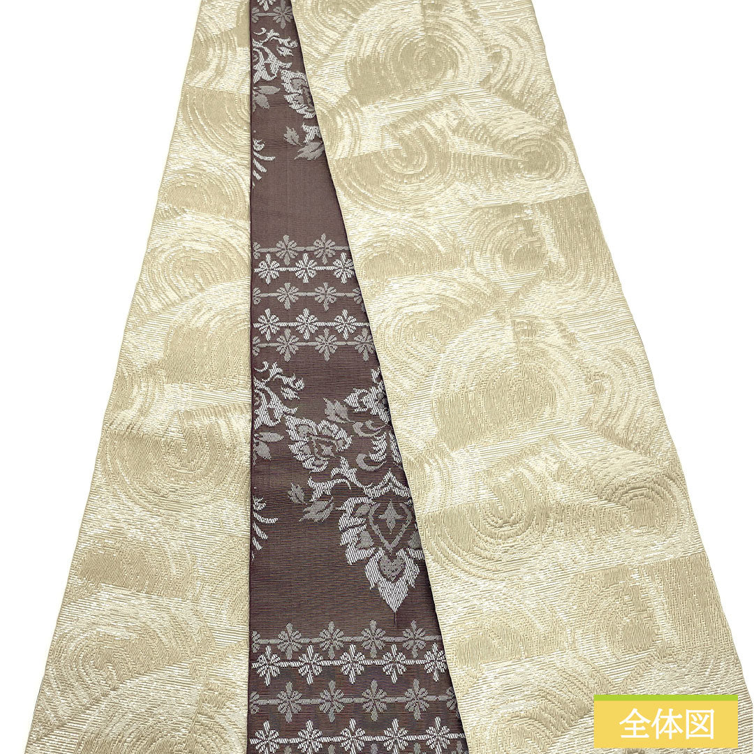 (新品)半幅帯 ポリエステル NEWランク 白橡色(しろつるばみいろ) 幾何学模様 円 抽象花模様 リバーシブル 帯丈400cm ベージュ系 1125002461425