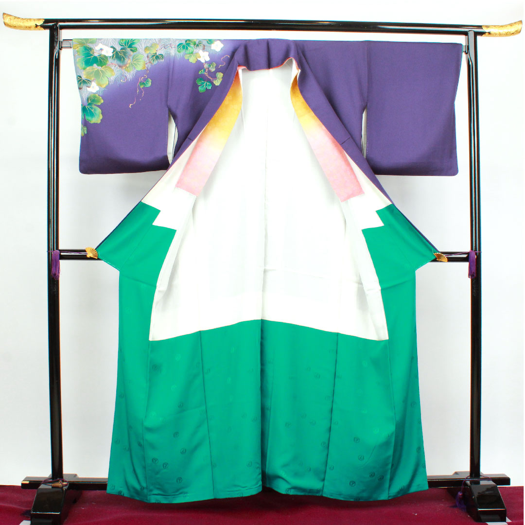 訪問着 正絹 袷 身丈159.5cm 裄丈67cm 緋紺色 中村乃武夫 草花模様 作家物 桔梗に三つ鱗 Sランク 紫系 1112002782320