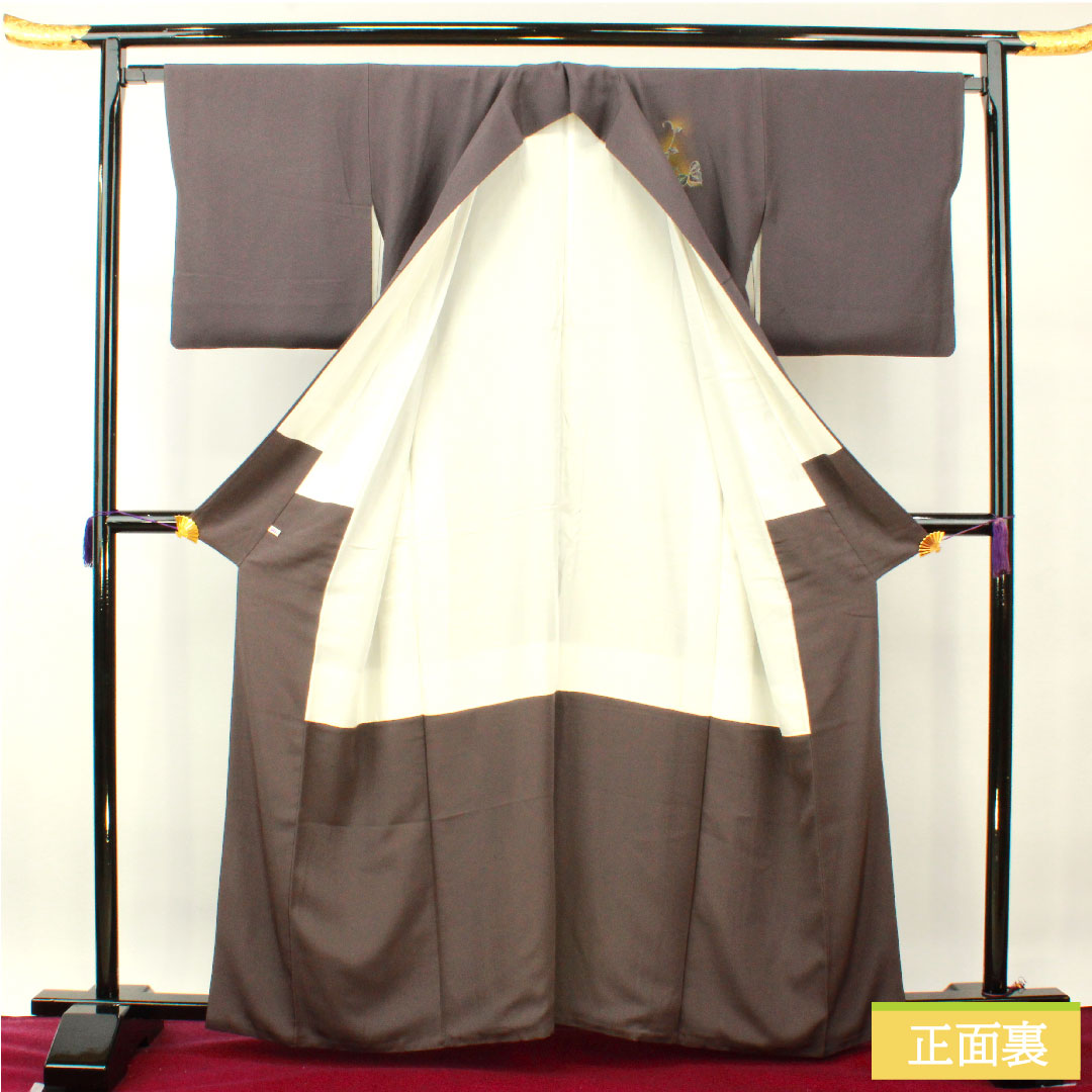 Homongi, pure silk, lined, length 161cm, sleeve length 66.5cm, dark blue, Kyo-Yuzen, butterfly, ivy, flowing water, S rank, gray, 1112004162422