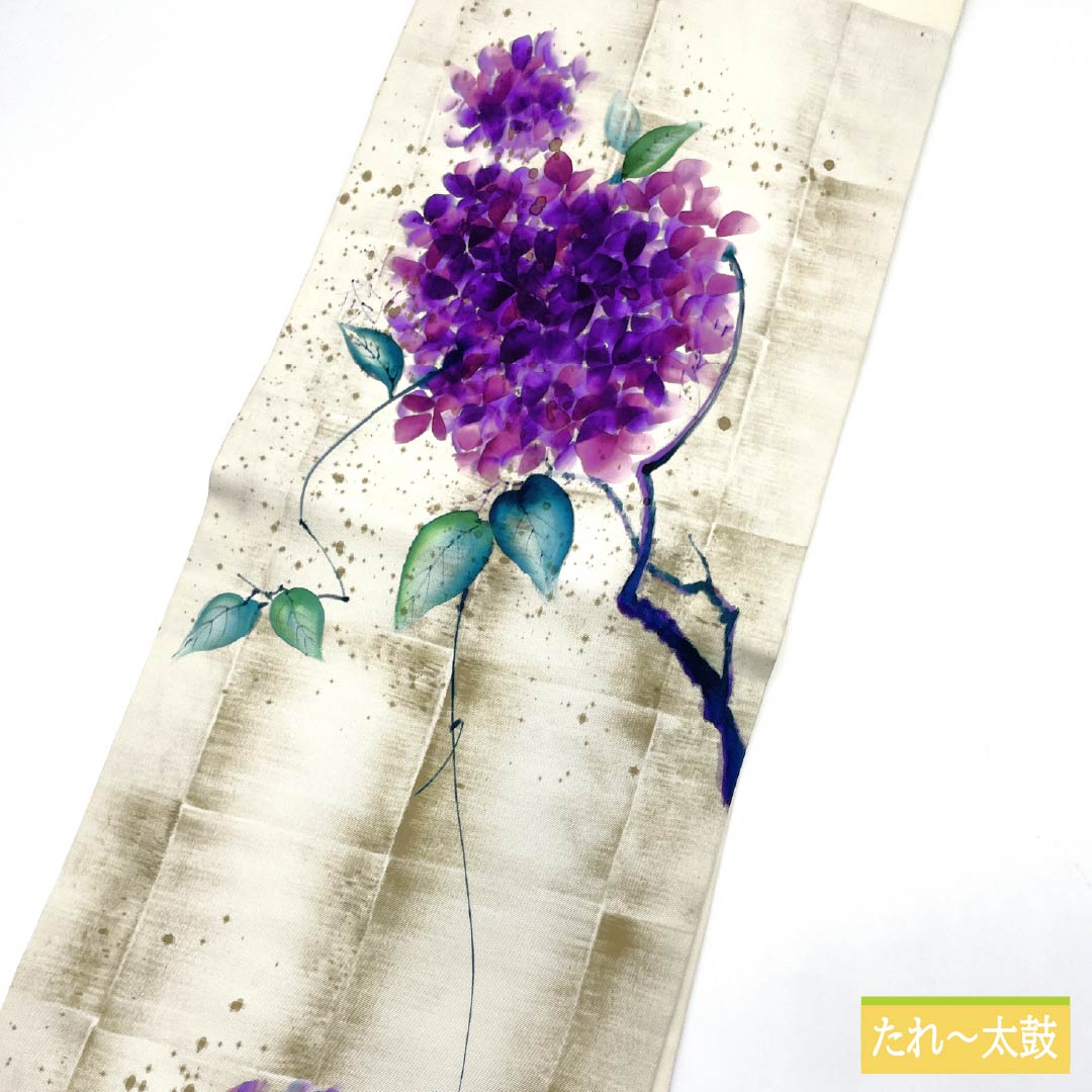 Nagoya obi, off-white (kinari-iro), dyed obi, artist's work, hydrangea, obi length 345cm, pure silk, A rank, point pattern, casual, cream color, 1124007003315, Nagoya tailoring