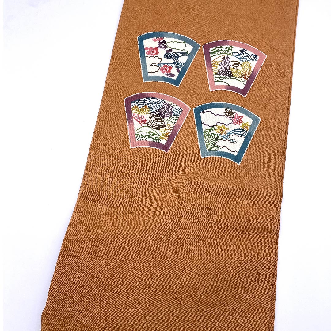 Nagoya obi, Spicy color, Chirimen fabric, Fan pattern, Four seasons scenery pattern, Obi length 390cm, Pure silk, S rank, Point pattern, Casual, Pink, 1124004682313, Nagoya style