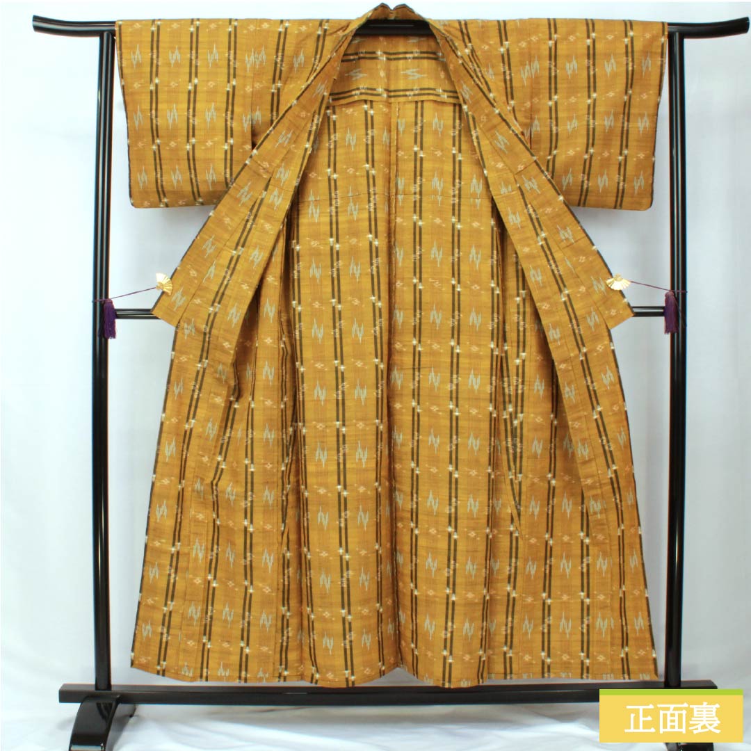 紬 正絹 Sランク 身丈154cm 裄丈62.5cm 黄茶色(きちゃいろ) 絣 単衣 茶系 1116004022214