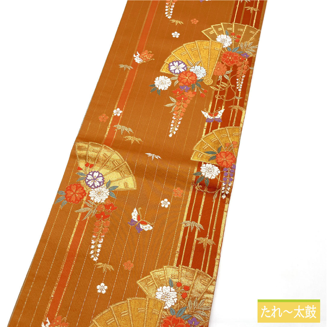 袋帯 正絹 Sランク 丹色(にいろ) 西陣織 扇面 藤 菊 帯丈416cm 六通 セミフォーマル 朱系 1123017192316