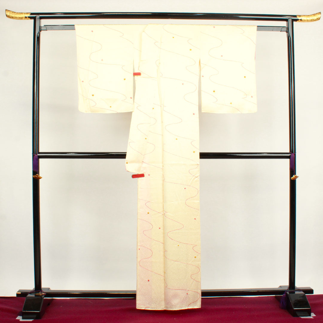 小紋 身丈162cm 裄丈60.5cm 袷 練色 絞り 抽象模様 正絹 Aランク クリーム系 1115003063415