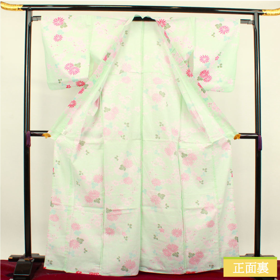 Yukata Cotton Length 168.5cm Sleeve length 64cm S rank Single layer Greenish white-green Chrysanthemum Cherry blossom Bush clover 1118004682519