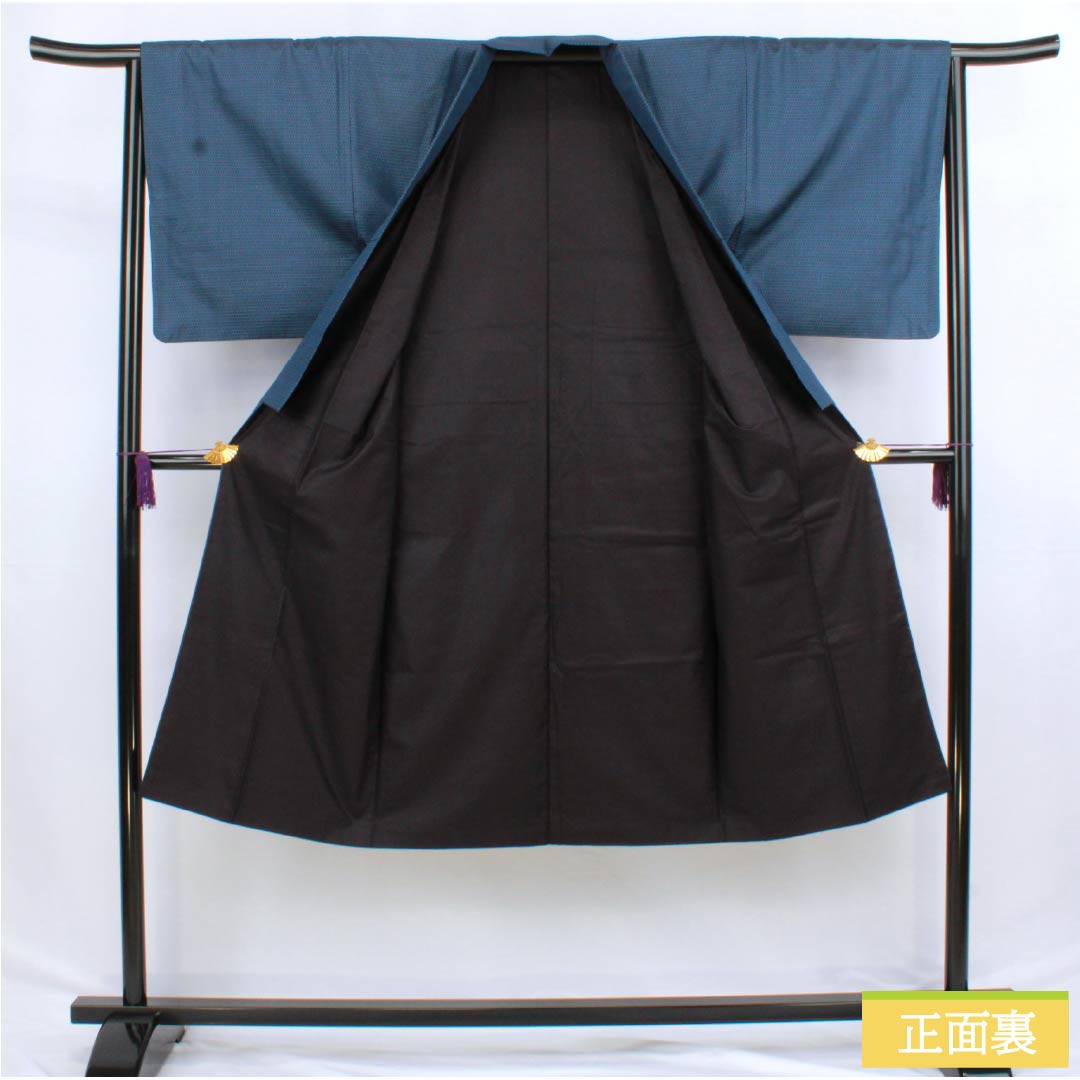 Men's silk S-rank kimono, length 129.5cm, sleeve length 62cm, Korean indigo blue, geometric pattern, tsumugi fabric, lined, navy blue, product number 1119001002218
