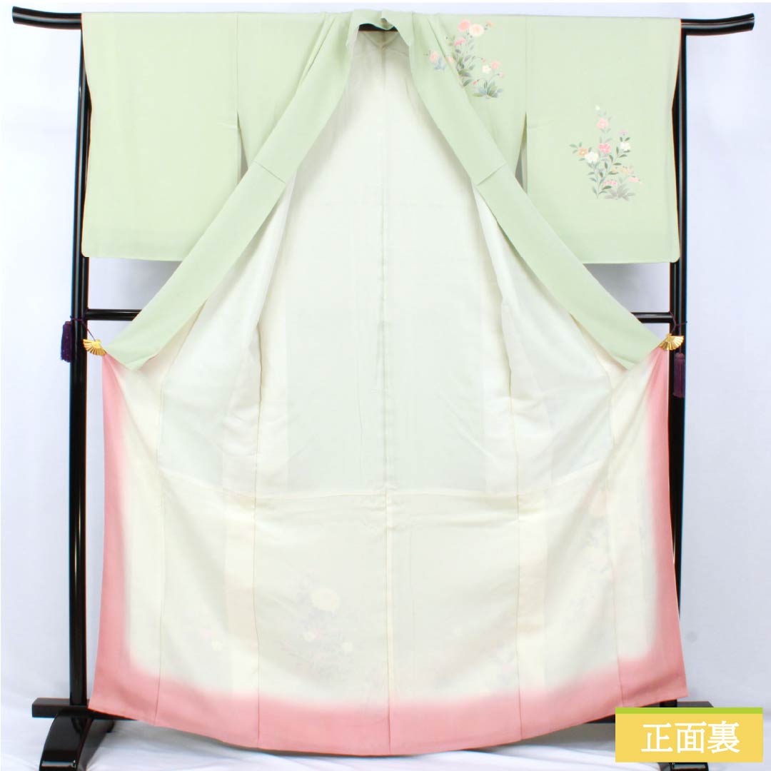 Visiting Kimono, Pure Silk, Grade B, Lined, Length 165cm, Sleeve Length 65.5cm, Light Green, Floral Design, Artist: Shuichi, Included Basting Thread, Green, Product Number: 1112006974519